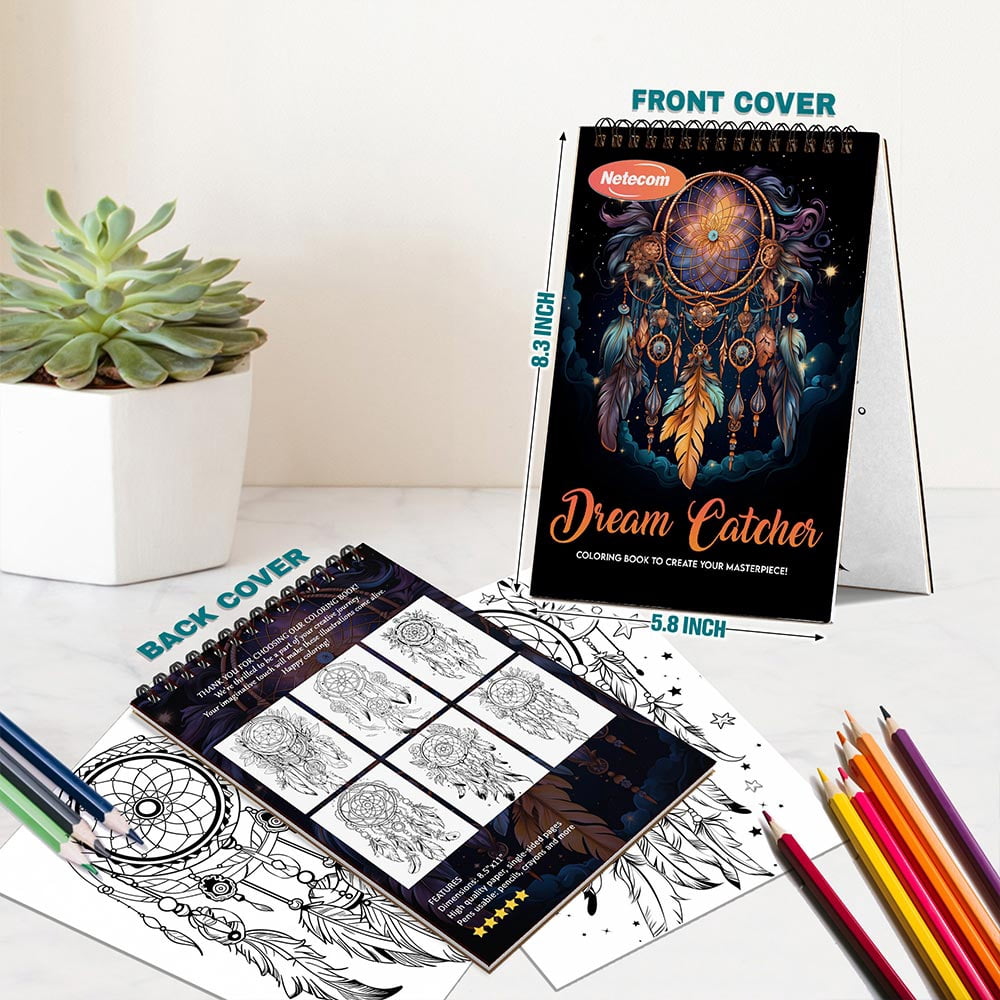 Netecom Dream Catcher Coloring Book Spiral Bound For Adults, A5 Wooden Cover, 30 Beautiful Coloring Pages in Spiritual and Mystical Designs for Stress Relief and Relaxation