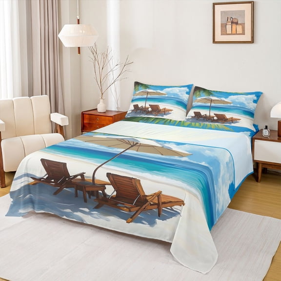 jejeloiu Beach Boardwalk Bed Sheets,Coastal Scene Full Size Sheets For Boys,Blue White,4pcs,1 Flat Sheet, 1 Fitted Sheet and 2 Pillowcases