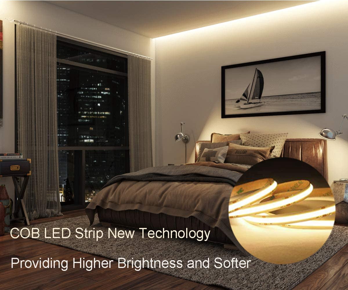 UL-Listed COB LED Strip Lights, 5m/16.4ft Flexible, Warm White 3000K 5500Lm CRI 80+, 528LEDs/M LED Tape Light , DC24V led Rope Lights for Stage, Home, Cabinet, Kitchen, DIY Lighting