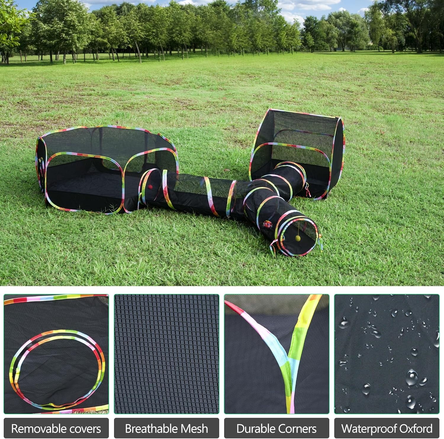 Outdoor Cat Enclosure with Cat Tunnel, Tent, Playhouse and Cat Toy Ball with Bell - Portable Indoor/Outdoor Playpen for Small Cats & Animals