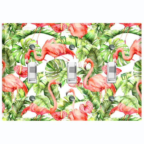 Metal Light Switch Plate Outlet Cover Tropical Pink Flamingo Flower Leaves White FGO002