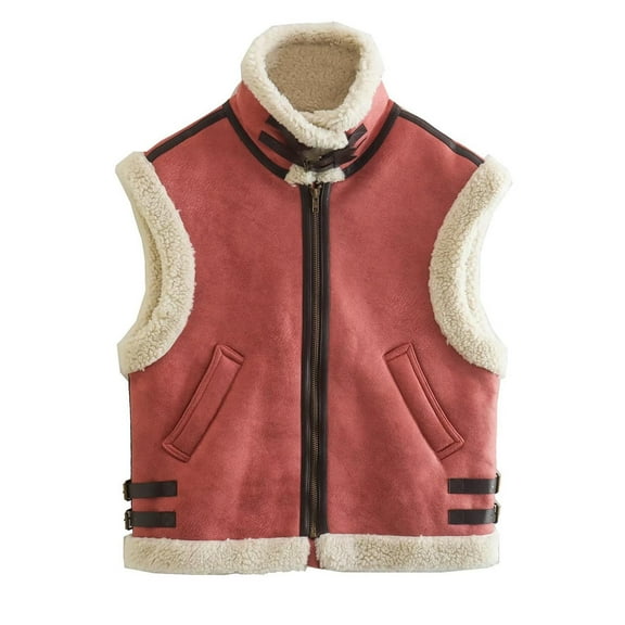 Qetyuw Sherpa Lined Vest for Women Casual Sleeveless Lapel Open Front Vests Fall Winter Full Zip Up Jacket