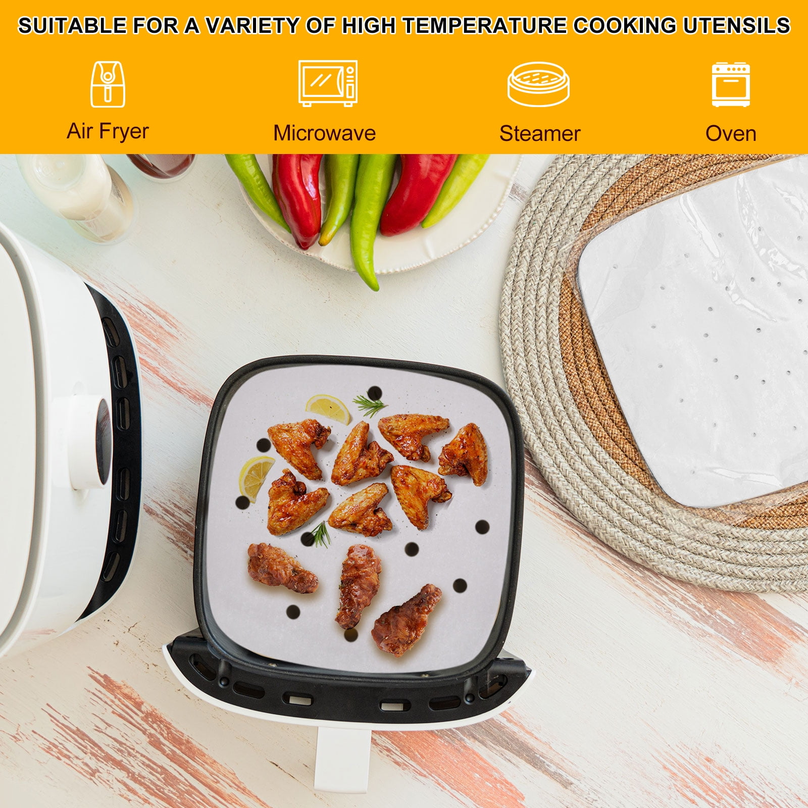 Uxcell 400pcs Air Fryer Liners 8 Inch Round Bamboo Steamer Liners with Holes Non-Stick Perforated Parchment Paper Sheets Disposable Steamer Paper for Air Fryers Steaming Basket, White