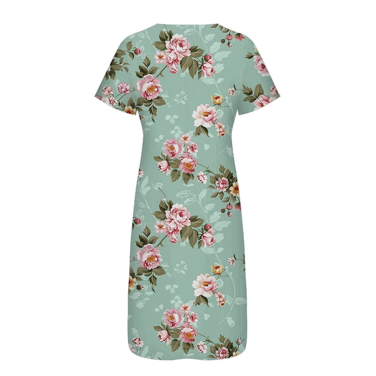 JISngxdf Women Dresses for Special Occasions Summer Solid Color Loose Casual Fashionable Printed Short Sleeved V-Neck Mid Calf Dress Short Sleeved V-