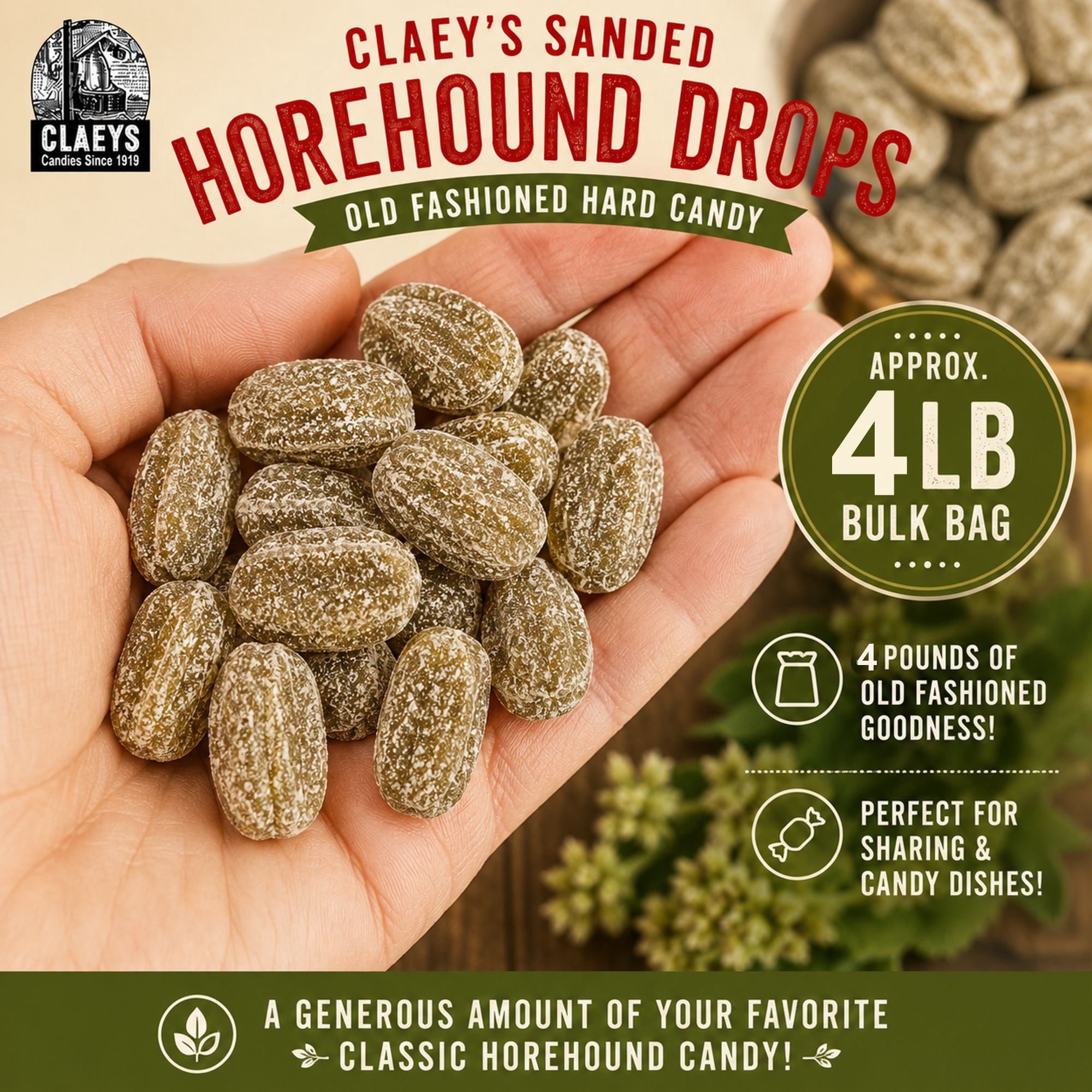 Claey's Horehound Hard Candy Drops Sanded Gluten-Free 4 lb Bulk Bag