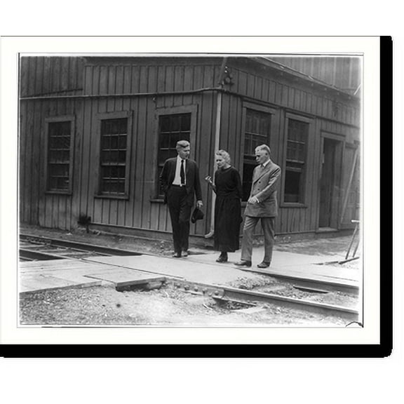 Historic Print, [Marie Curie, 1867-1934, full-length portrait, standing between two men], 16" x 20"