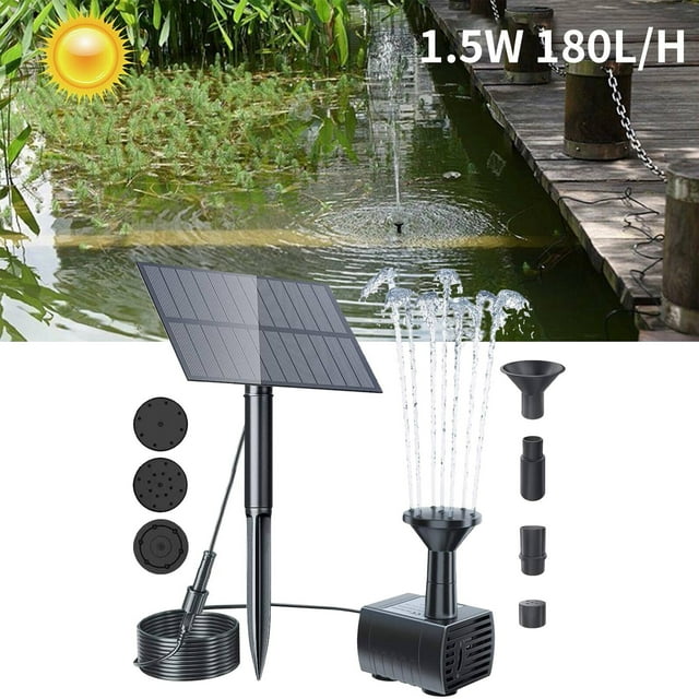 Fuente de Agua con Energía Solar, Bebedero para Pájaros, Bomba para Estanque con Boquillas, 1.5W, 7V para Jardín, Patio, Piscina