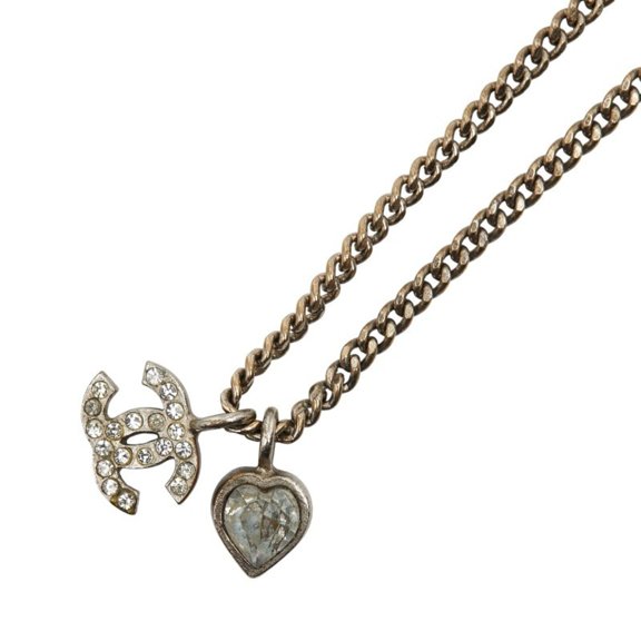 Pre-Owned Chanel Coco Mark Heart Necklace in Silver with Rhinestones for Women (Good)