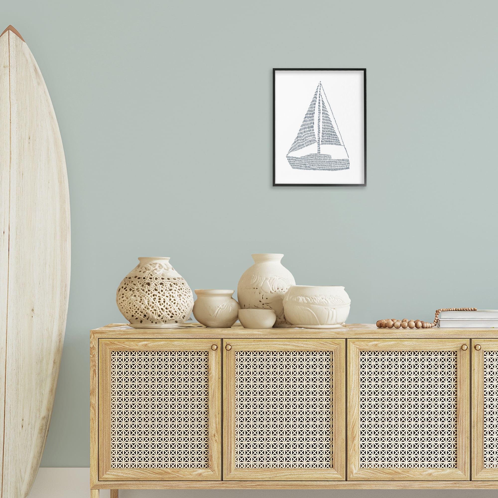 Stupell Industries Minimal Sail Boat Coastal Painting Black Framed Art Print Wall Art, 16 x 20