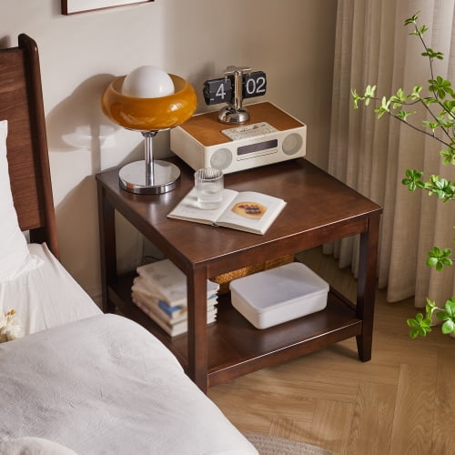 Sweiko Solid Wood End Table with Shelf, 19.6" Walnut Side Table for Small Space Bedroom, Modern Nightstand