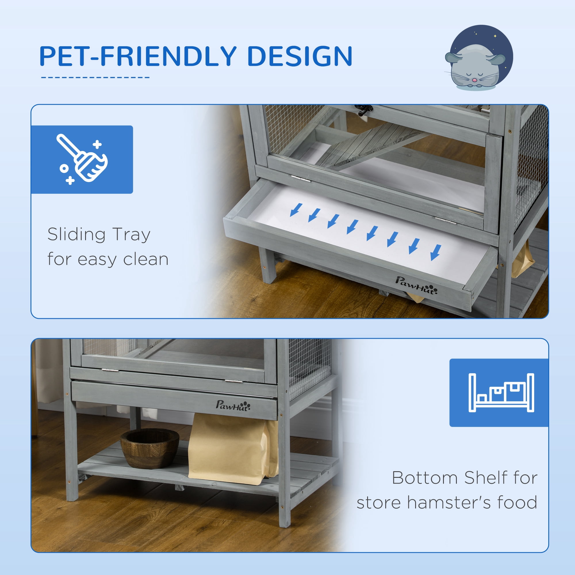 Wooden Hamster Cage with Storage Shelf, Large Hamster Cage Including Seesaw, Small Animal Cage with Sliding Tray, Wide Ramp for Racing, Running Wheel, 35.5" H