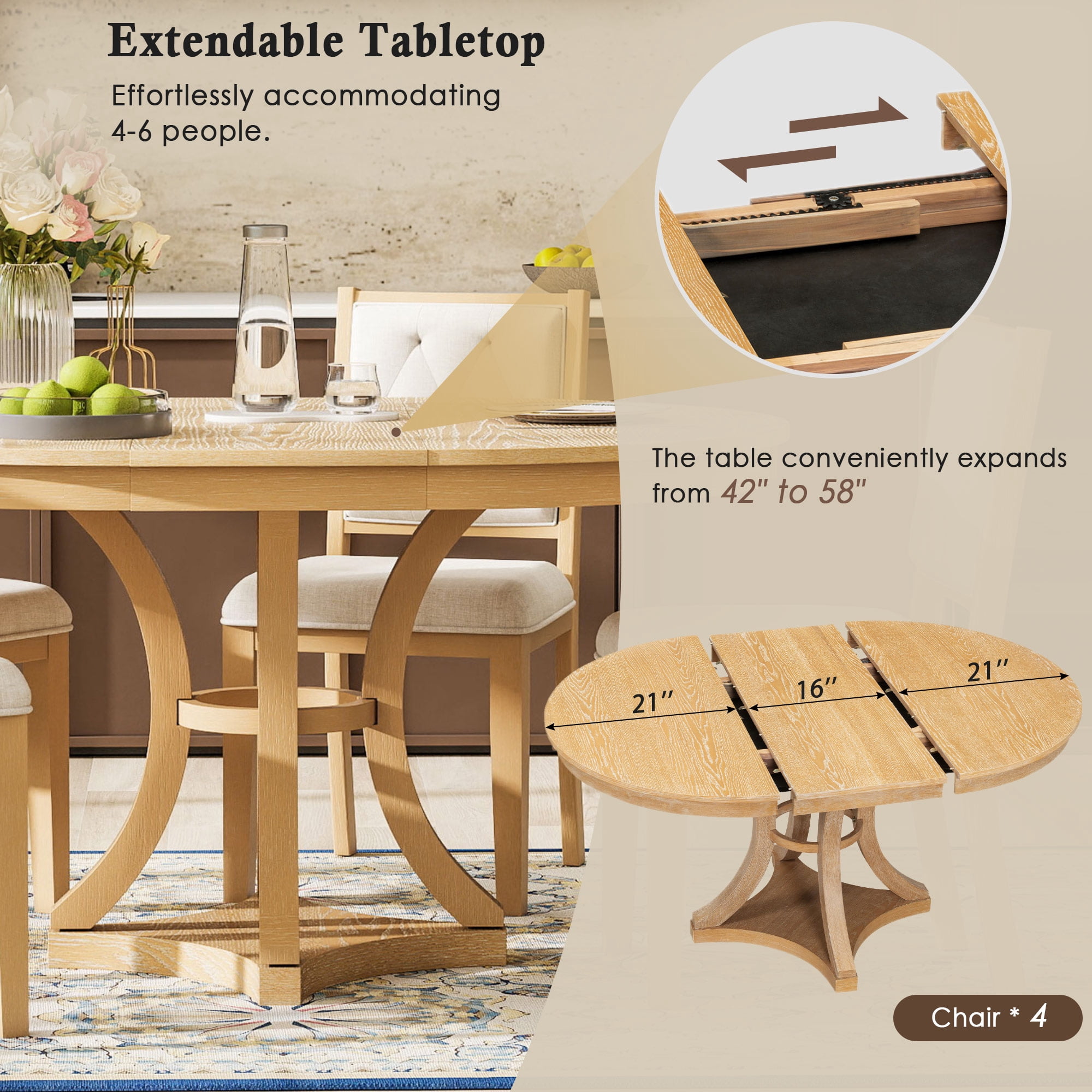 Mintazer 5 Piece Extendable Round Dining Table Set, Retro Expandable Dining Set with Round Table & 4 Tufted Upholstered Chairs for Living Room Dining Room, Natural
