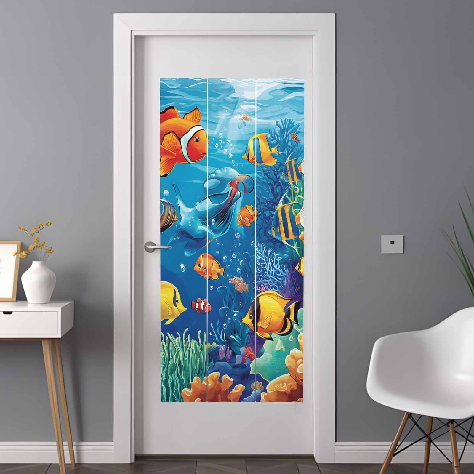 Ocean Marine Window Privacy Film Life Fish Coral Seagrass Underwater Coastal Decorative Glass Window Film UV Blocking Static Cling Non-Adhesive Sticker Covering for Home Door 35.4x78.7 inches