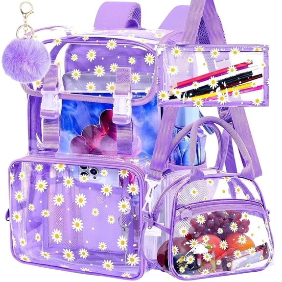 3PCS Clear Backpack, Heavy Duty Transparent Bookbag for Girls Women, Stadium Approved See Through Backpack with Lunch Box (Purple Daisy)
