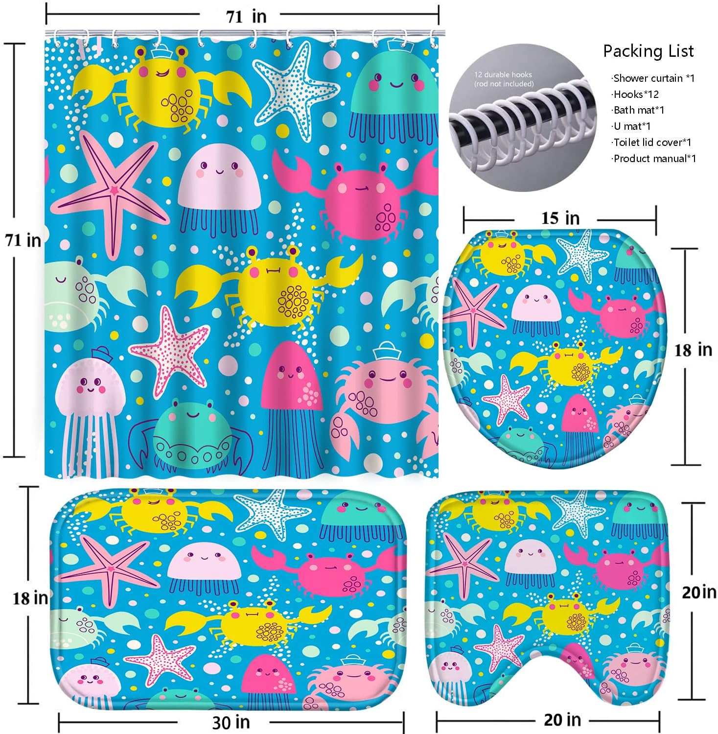 4 Pcs Bathroom Shower Curtain Set,Kid's Bathroom Set,Baby Octopus Shower Curtain Sets with Rugs(Bath Mat,U Shape and Toilet Lid Cover Mat) and 12 Hooks
