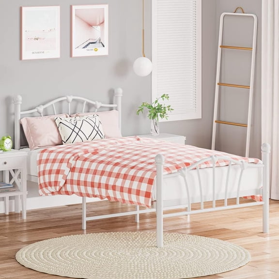 Metal Double Bed Platform Frame with Heart Headboard and Footboard Under Bed Storage Sturdy Construction Easy to Install White