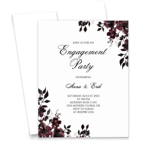 Gothic Engagement  Invitations With Envelopes, Customized Engagment  Invitation Cards With Flowers, Engagement  Invite Card, Your choice of Quantity and Envelope Color