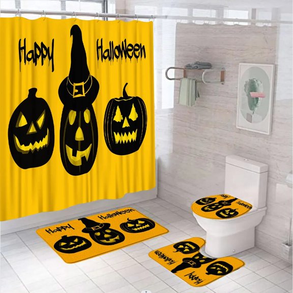 4Pcs Watercolor Halloween Pumpkins Lantern Shower Curtains Set Kids Bathroom Decor Non-Slip Bath Mat Rug Carpet Toilet Lid Cover