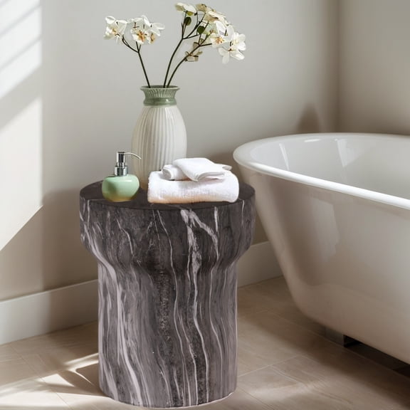 mdj pottery Outdoor Side Table for Patio, Faux Black Marble Organic Sculpted MgO Accent Table, Weather Resistant, 15.55 x 17.91 Inches, Garden Backyard Indoor Use