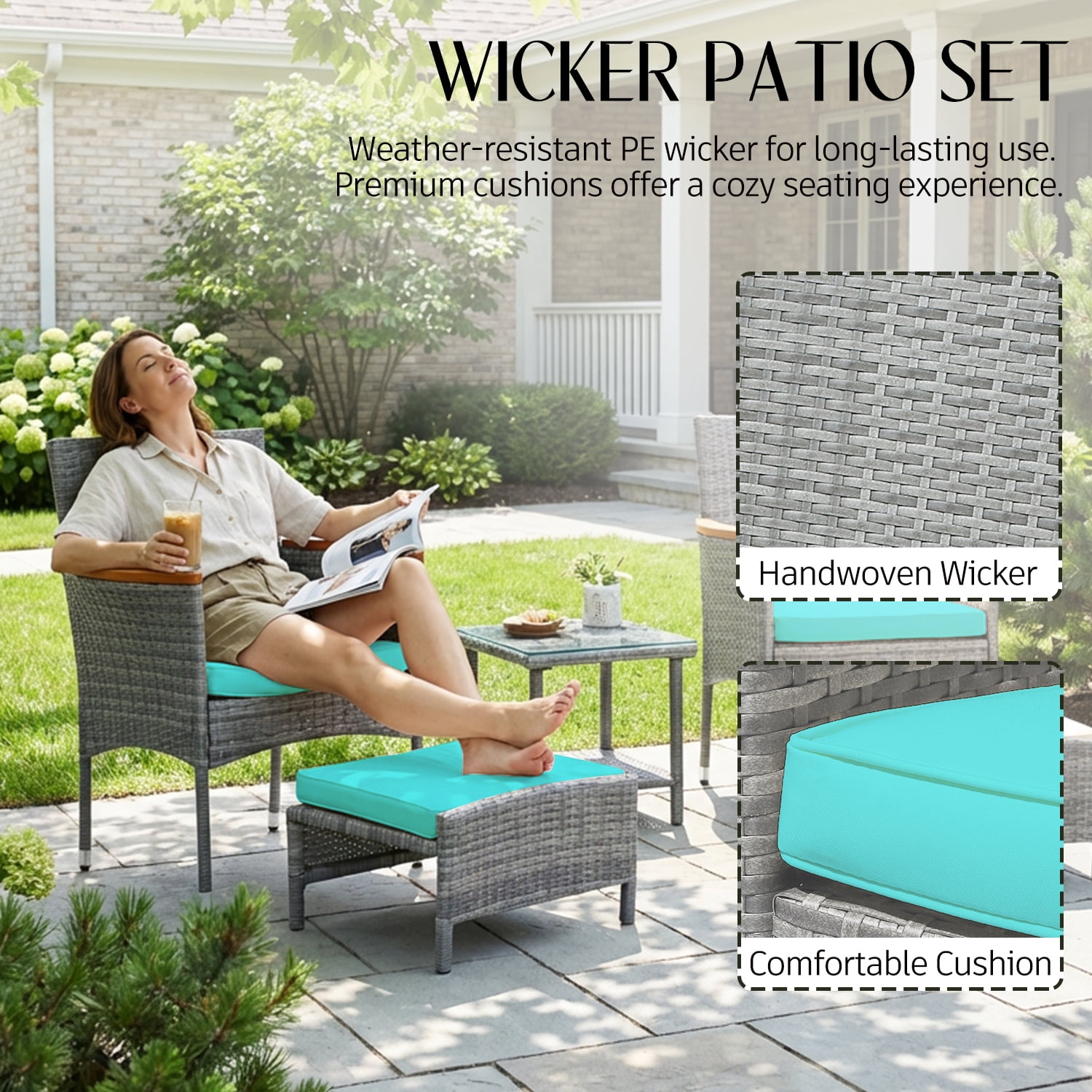 5 PCS Outdoor Patio Furniture Set with Table&Ottoman Outdoor Furniture Patio Set Bistro Wicker Patio Set (Gray Wicker&Green Cushion)
