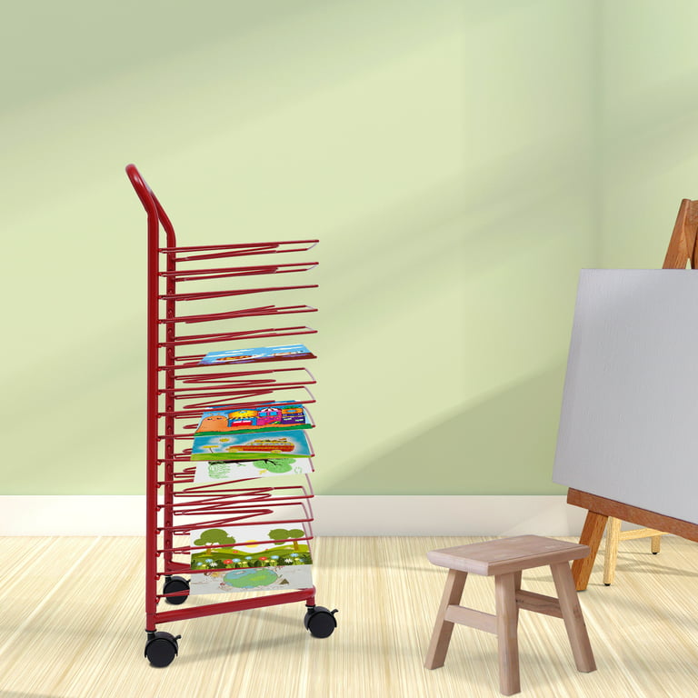 Art Drying Rack for Classroom, Mobile Paint Drying Rack Double-Sided 40 Shelves Metal Artwork Storage Display Rack Canvas Stack Rack with Wheels for