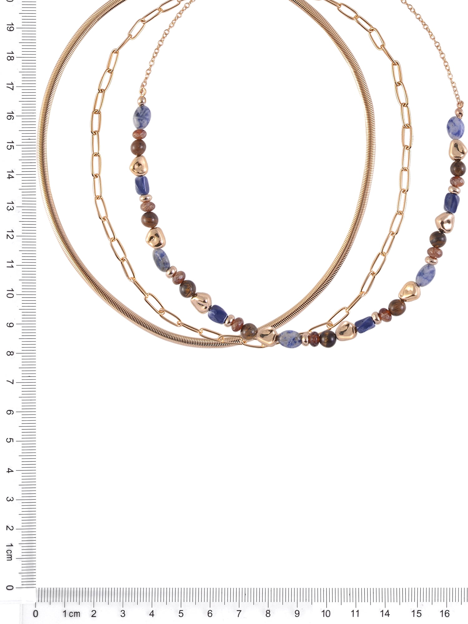 Time and Tru Women's Layered Blue and Brown Beads with Snake and Oval Chain Goldtone 3pc Necklace