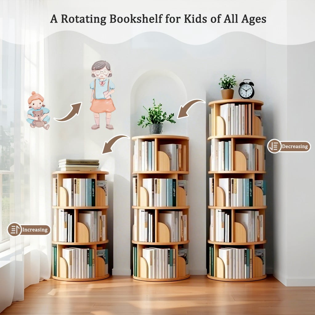 5-Tier Rotating Bookshelf, 360° Spinning Bookcase Tower with Wraparound Baffles, Space-Saving Round Display Shelf for Bedroom, Living Room & Home Office, Natuarl