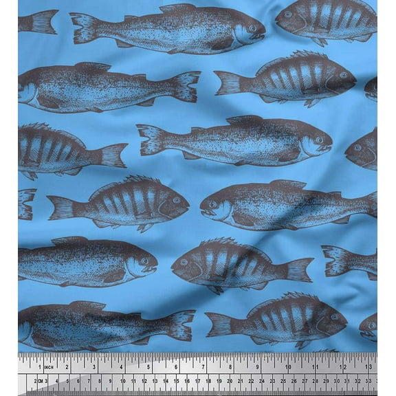 Soimoi Blue Cotton Duck Fabric Fish Ocean Print Fabric by the Yard 42 Inch Wide