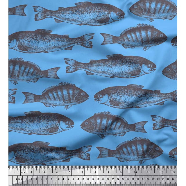 Soimoi Blue polyester Crepe Fabric Fish Ocean Printed Fabric 1 Yard 52 Inch Wide