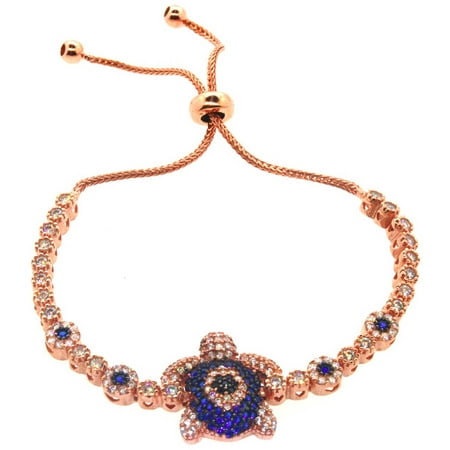 Pori Jewelers Blue CZ 18kt Rose Gold-Plated Sterling Silver Turtle Friendship Bolo Adjustable Bracelet