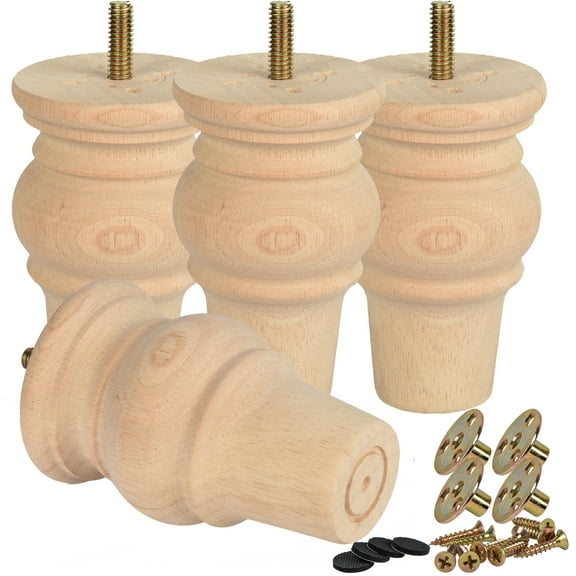 4 Inch / 10 cm Wooden Furniture Legs,TCHOSUZ Bun Feet with 5/16 inch Bolt,Modern Mid-Century Sofa Couch Feet Furniture Replacement Legs for DIY Cabinet Cupboard Chair Ottoman Set of 4 Unfinished