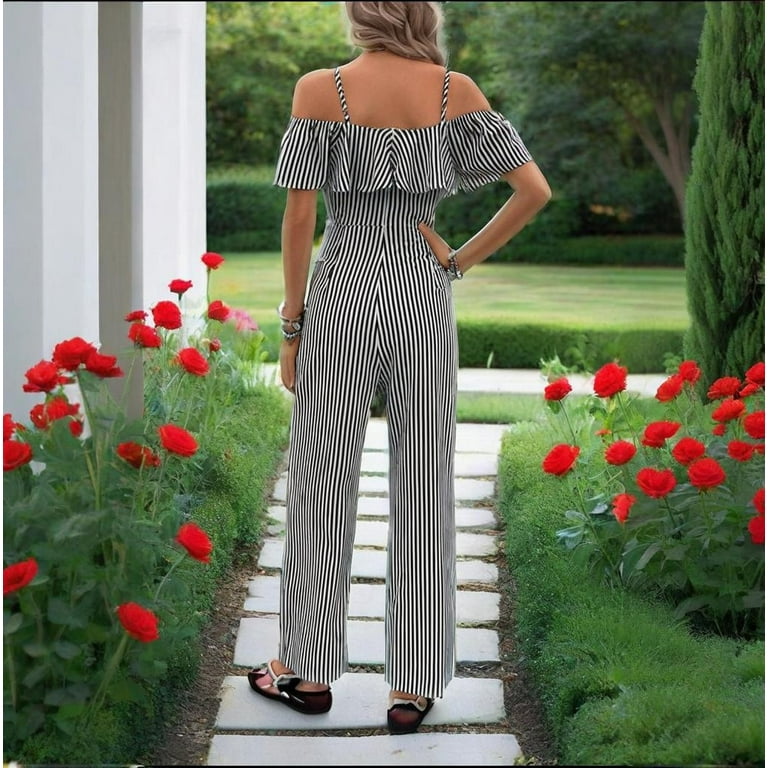 Tnhcen Women's Striped Off Shoulder Chiffon Jumpsuit V-Neck