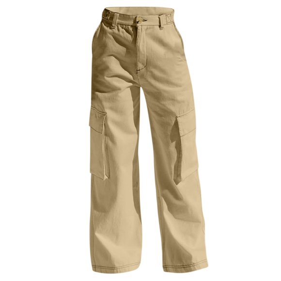 Yubnlvae Cargo Denim Jeans - Women's Multi-Pocket Work Pants, Loose Fit Wide Leg Utility Jeans, Streetwear Oversized Carpenter Pants (Khaki | M)