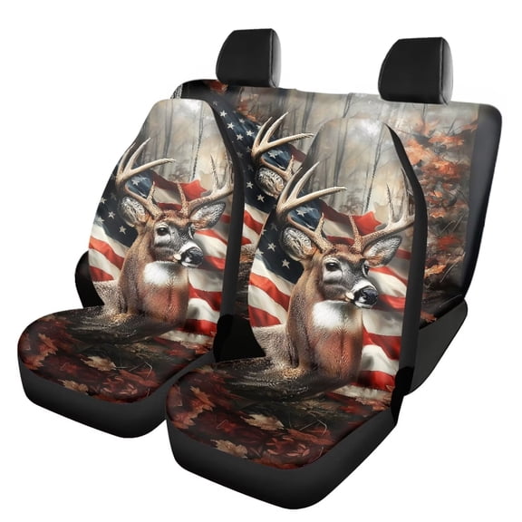 HUISEFOR Deer American Flag Car Seat Cover Set Soft Elastic Front and Back Split Bench Protector Breathable Car Interior Accessories Comfortable Fits Vehicle Cars SUV