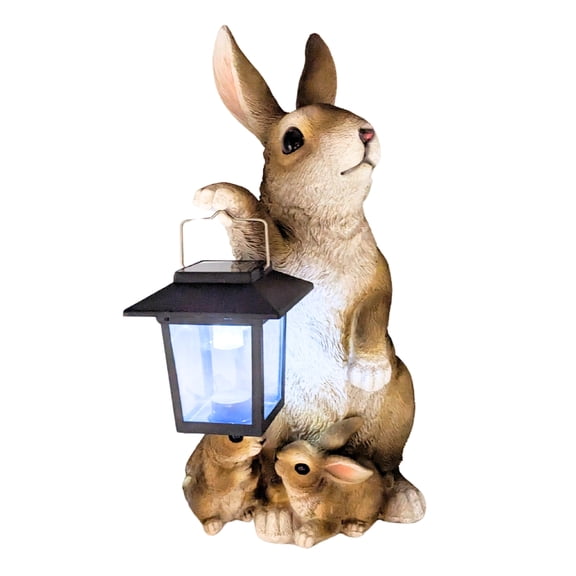 Rabbit Solar Lantern Statue – Bunny Figurine with LED Light, Resin Farmhouse Wildlife Décor for Patio, Lawn, Porch Yard, Easter, Rustic Woodland Accent – Great Gift for Nature & Rabbit Lovers.