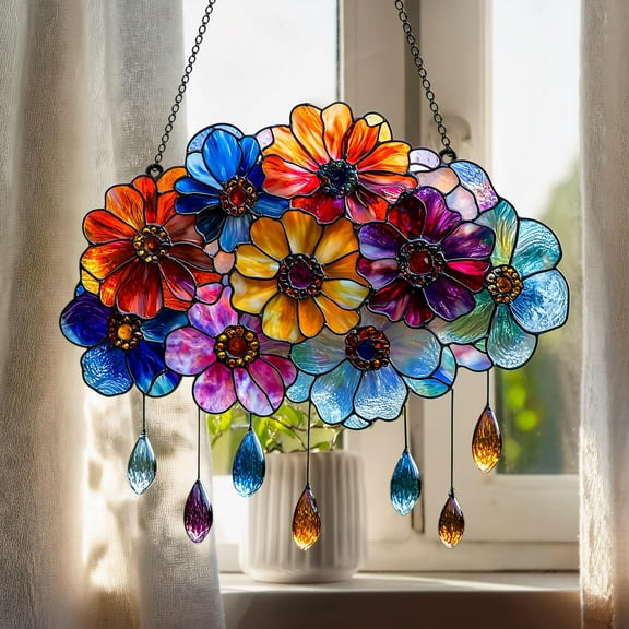 Rainbow Flower Charm Acrylic Suncatcher, Colorful Faux Stained Glass Window Hanging, Boho Garden Decor Gift