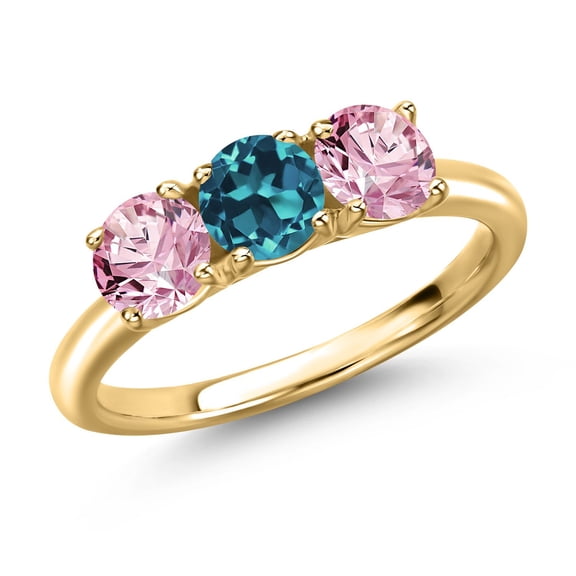 Gem Stone King 18K Yellow Gold Plated Silver London Blue Topaz and Pink Lab Grown Diamond Engagement Ring for Women | 1.70 Cttw | Round 5MM | Gemstone November Birthstone | Size 8