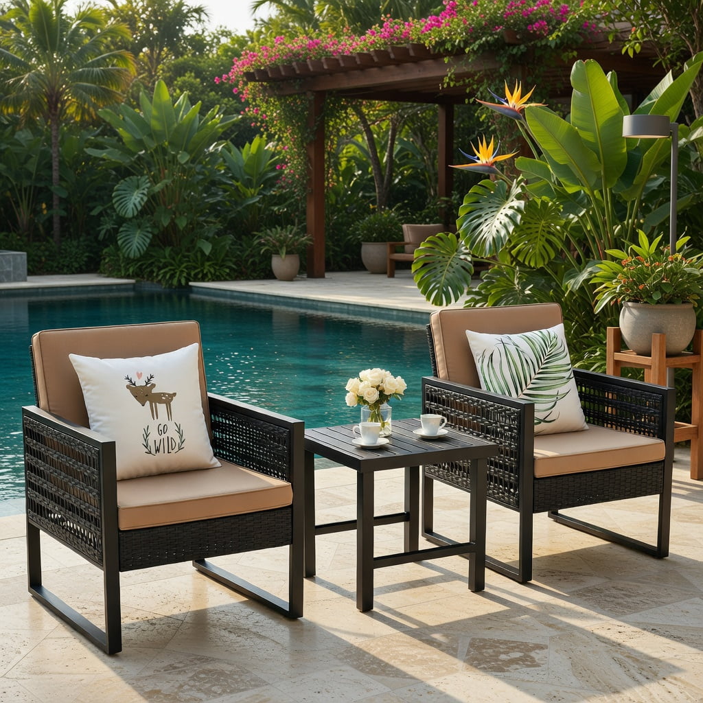 Hommoo 3-Piece Outdoor Rattan Bistro Set with Cushioned Sofas & Coffee Table, Steel Frame, Weather-Resistant Wicker, Adjustable Feet for Patio, Backyard, Porch & Poolside, Brown and Black
