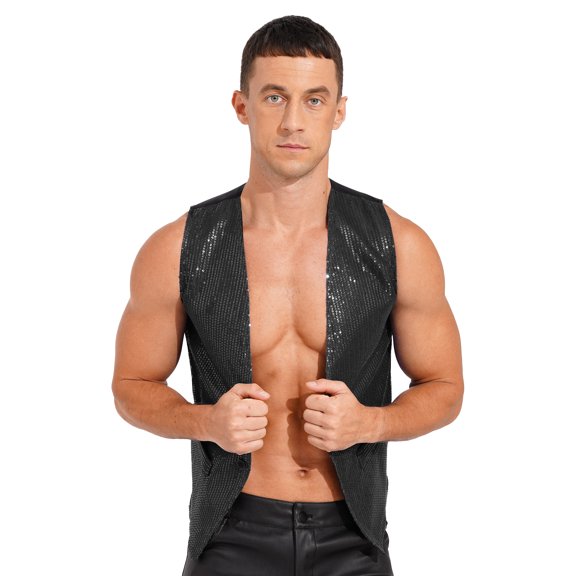 Sholeno Mens Sequin Vest Shiny Party Sleeveless Waistcoat Button V-Neck Vest Jacket Tuxedo Ugly Black XXL