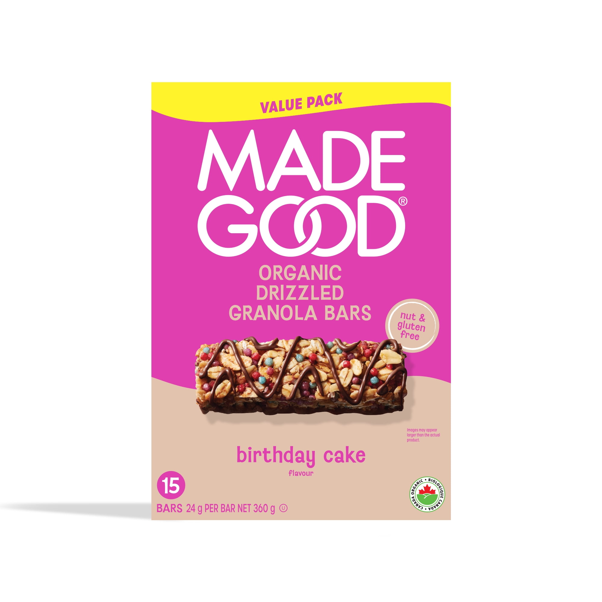 MadeGood Chocolate Drizzled Birthday Cake Bar 15ct, MG Birthday Cake Granola Bars VP