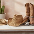 thumbnail image 6 of Jiibva Straw Cowboy Hats for Women, Western Cowgirl Hat Hollow-Out Bucket Hats Holiday Foldable Vacation Beach Sun Hat with Wide Brim Cowgirl Hats Accessories, 6 of 7