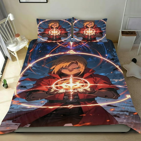 FullMetal Alchemist Themed Bed Sheet Set Three Piece Set 53x79 Inches Comfortable And Skin Friendly Unique Design Creating A Star Studded Night Home Decor Gifts For Family Friends fans