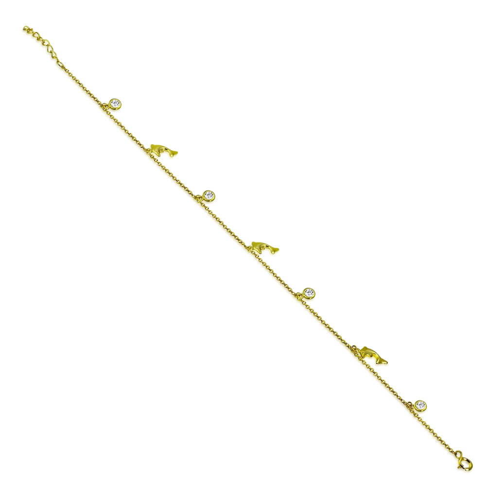 Gold Dolphin Anklet 925 Sterling Silver Cubic Zirconia
