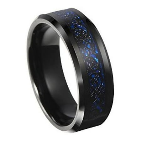 8mm Tungsten Carbide Ring Black Celtic Dragon w/ Blue Carbon Fiber Mens Band