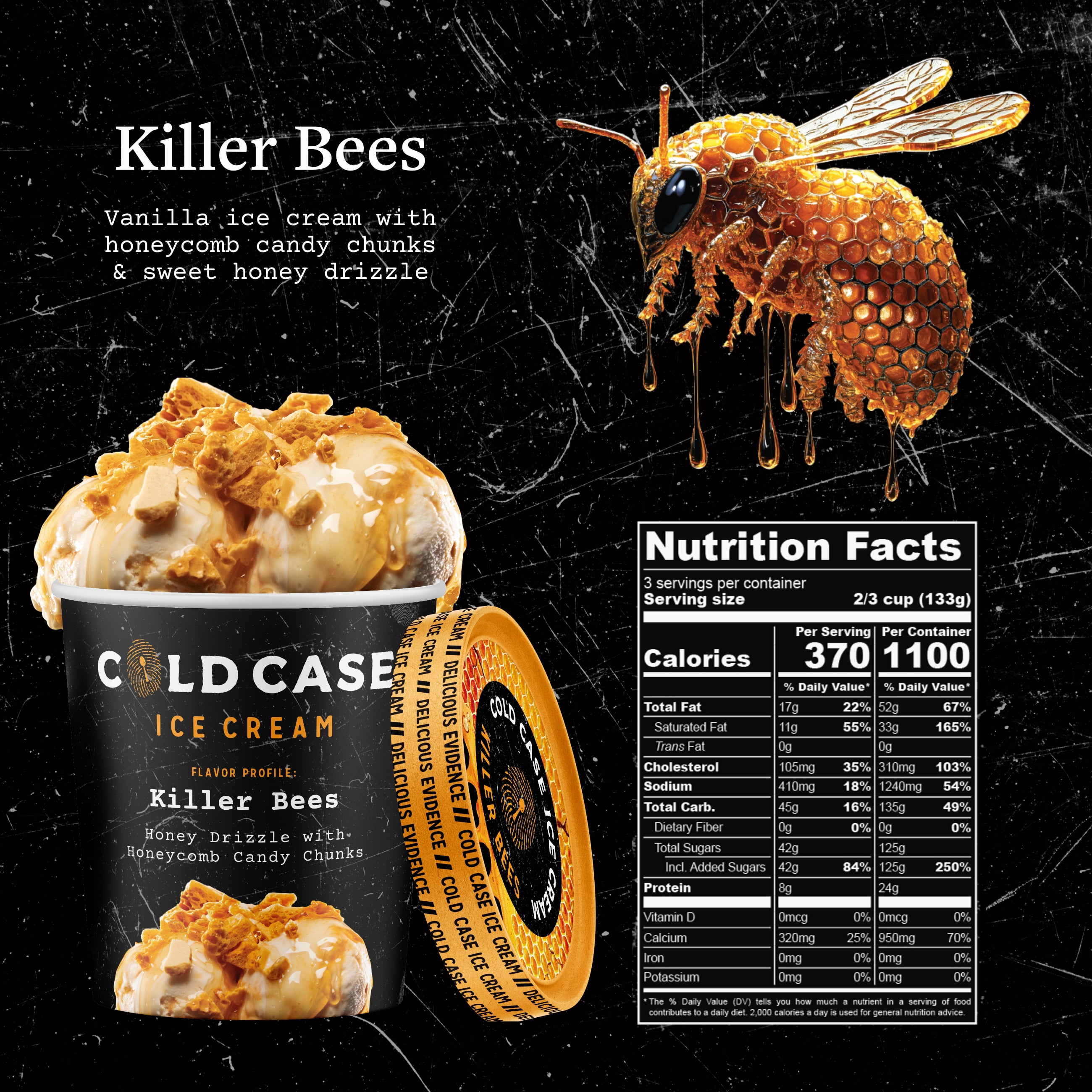 Cold Case Ice Cream Killer Bees Flavor - Gourmet Vanilla Ice Cream with Honeycomb Candy Chunks & Sweet Honey Drizzle - 1 Case, 6 Pints,16 oz/Pint (Frozen)
