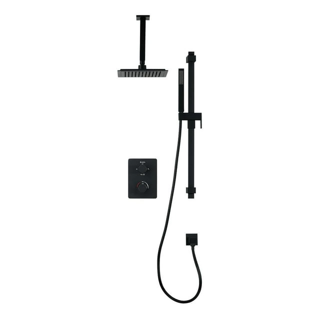 Valve thermostatique carrée 3 functions, Douchette à main, pomme de douche ou simultanément, noir mat