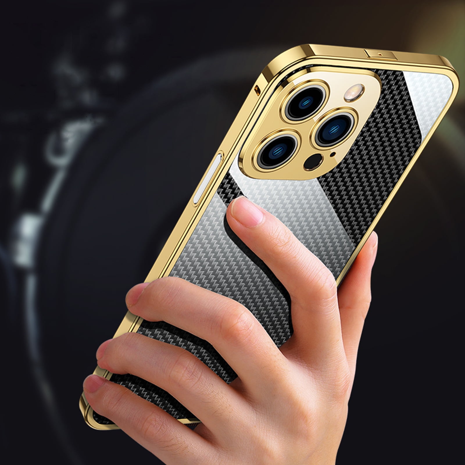 ELEHOLD Luxury Heavy Duty Case for iPhone 14 Pro Max 6.7 Slim Thin Case Stainless Steel Frame Carbon Fiber Back Design All-inclusive Lens Protection Shockproof Case,Silver