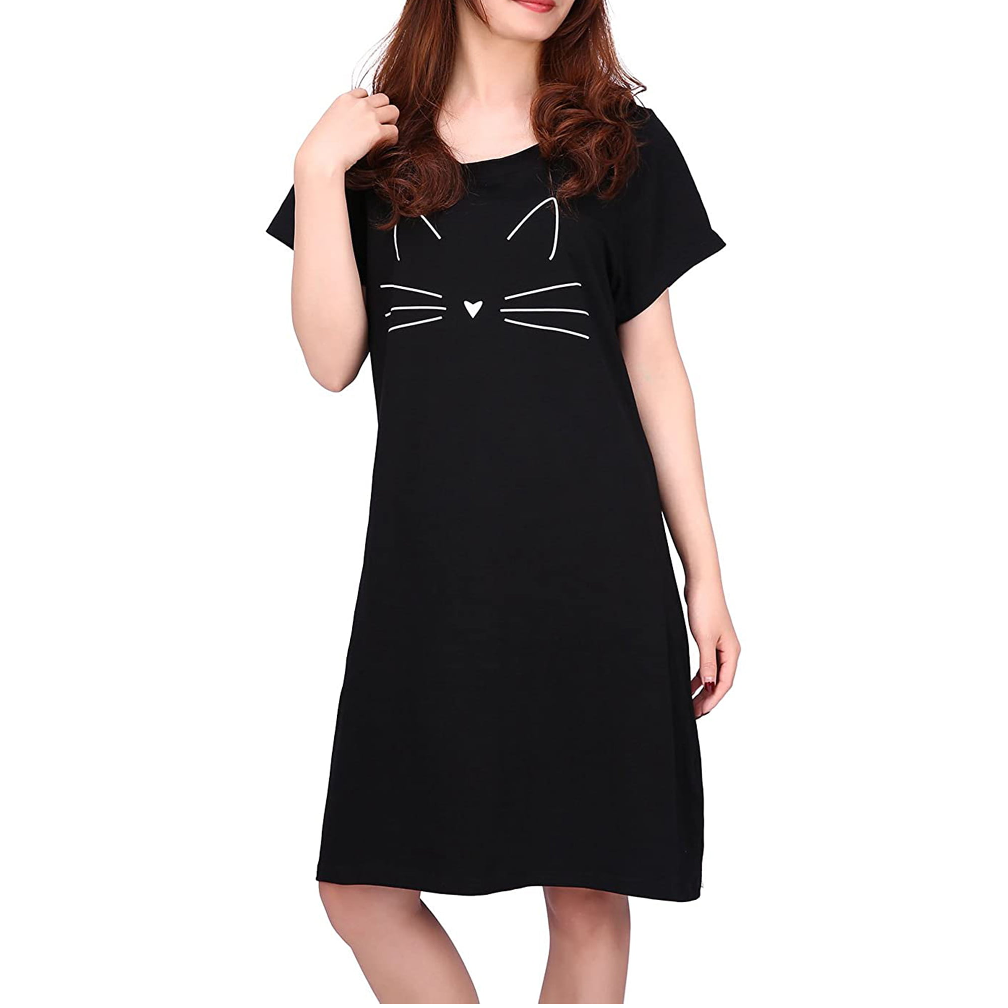 HDE Sleep Shirt for Women 100% Cotton Nightgown S-5X Cute Cat Size S/M ...