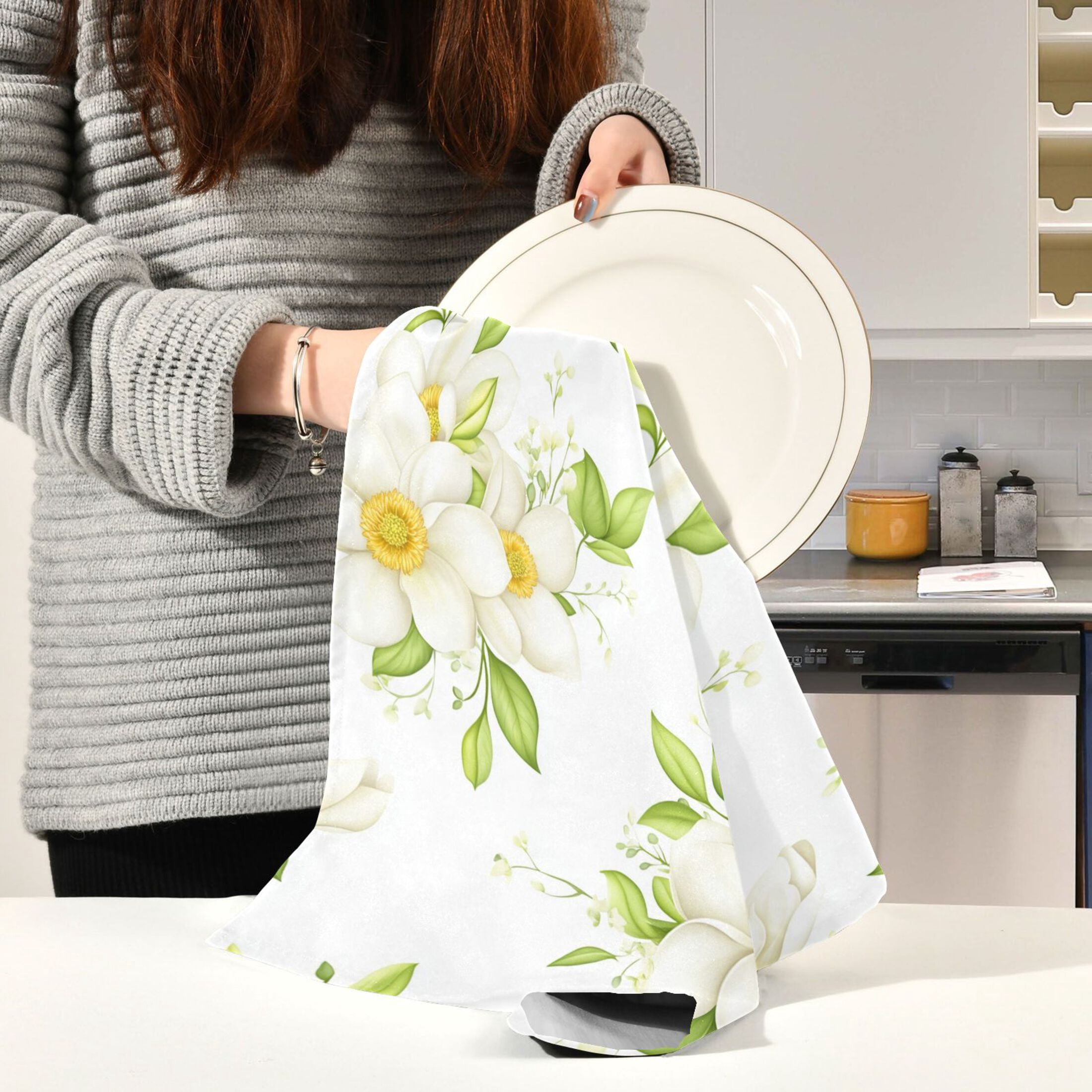 Magnolia Blooms Pattern Kitchen Towels 6-Piece Pack Tea Towels for Kitchen Decorative Waffle Design 28x18in