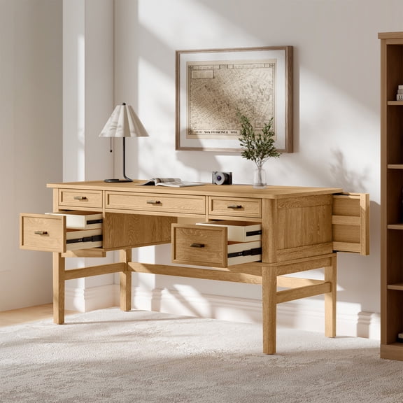 Modern Home Office Desk with Hidden Drawers, Cable Management Hole, Solid Wood Legs, Writing Desk for Study Room, Executive Computer Desk with Storage Oak